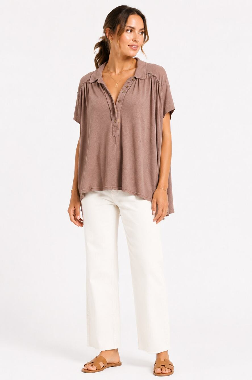 Free People Brown Linen Blend Oversized Polo Henley Top Womens Large